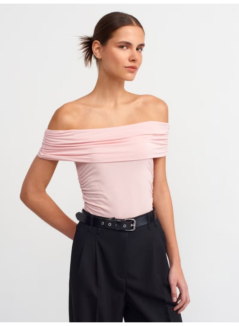 Dilvin 30902 Off Shoulder Gathered Top-Powder - Image 1